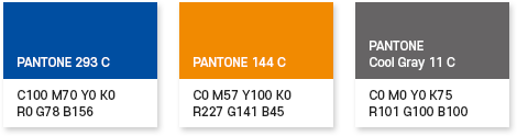 
                1. PANTONE 293 C - C100 M70 Y0 K0 / R0 G78 B156
                2. PANTONE 144 C - C0 M57 Y100 K0 / R227 G141 B45
                3. PANTONE Cool Gray 11 C - C0 M0 Y0 K75 / R101 G100 B100