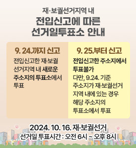 재보궐선거지역 내 전입신고에 따른 선거일투표소 안내
9.24.까지 신고:전입신고한 재보궐선거지역 내 새로운 주소지의 투표소에서 투표
9.25.부터 신고:전입신고한 주소지에서 투표불가
다만, 9.24. 기준 주소지가 재보궐선거 지역내에 있는 경우 해당 주소지의 투표소에서 투표
2024.10.16.재보궐선거
선거일 투표시간: 오전6시~오후8시